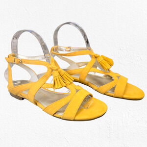Anne Klein Noreen Golden Yellow Suede Tassel Flat Sandals Boho Chic Size 6